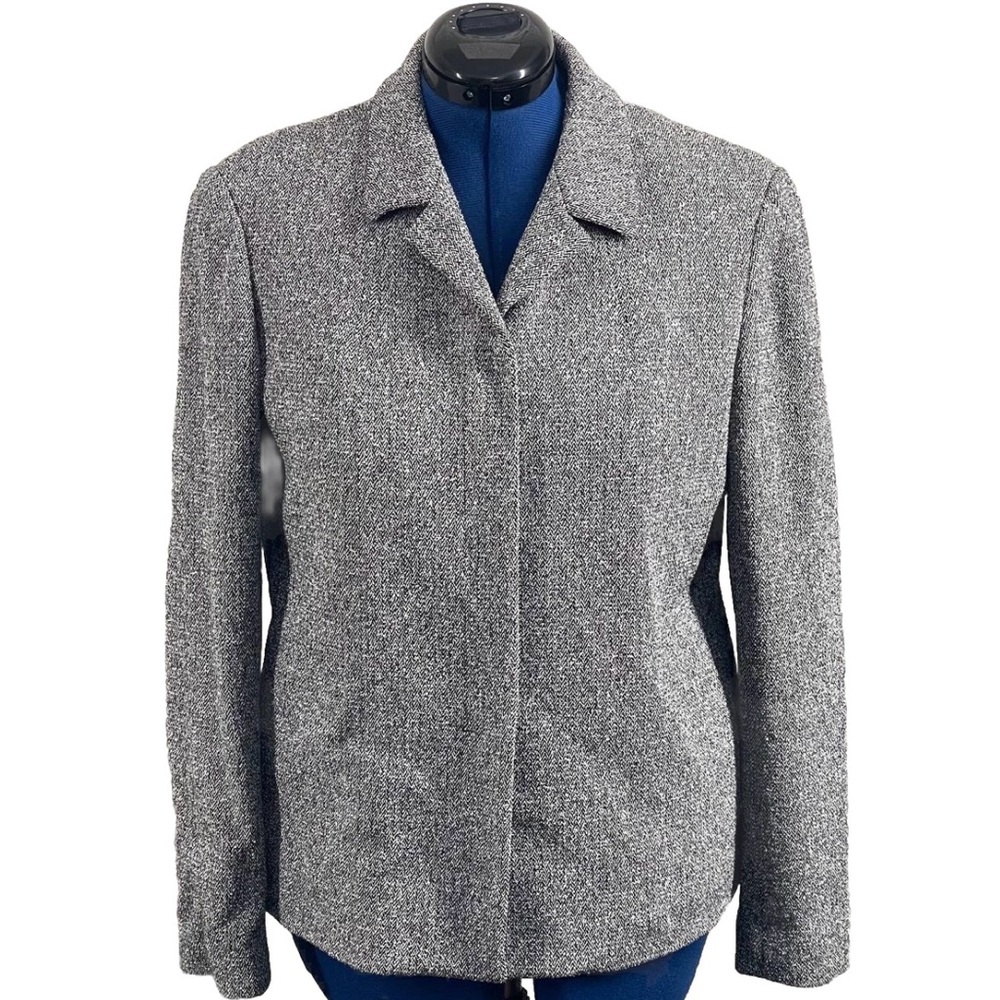 Anne Klein‎  Wool Blend  Tweed Chevron Jacket Blazer Sz 12 Gray  Covered Snap